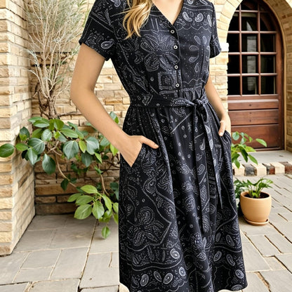 Women's Vintage Blue Print Midi Dress, V-Neck Button Shirt Dress with Pockets & Belt, Casual Commute Vacation Wear for Ladies