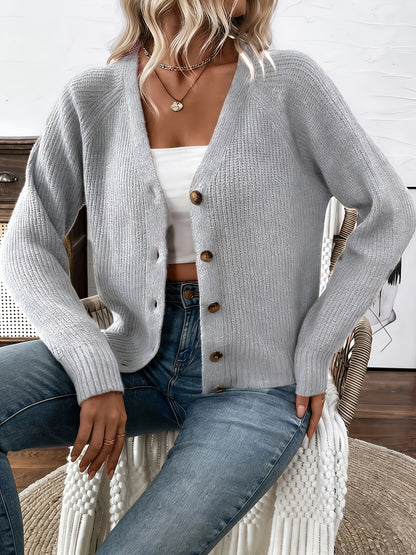 Comfortable Ribbed Knit Cardigan for Women with V Neck Long Sleeve Button Front Relaxed Cropped Style