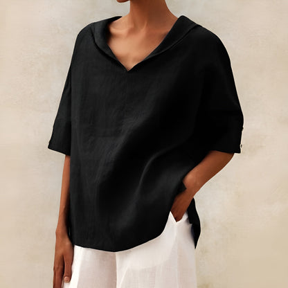 Effortless Linen Blouse for Women with V Neck Collar Half Sleeve Relaxed Oversized Style