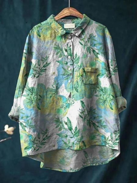 Effortless Floral Linen Blouse for Women with Collar Long Sleeve Button Front High Low Hem Style