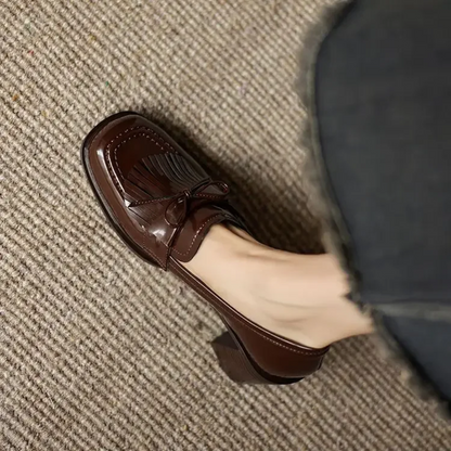 Elegant Patent Leather Tassel Loafer for Women with Block Heel Bow Fringe Detail Classic Style