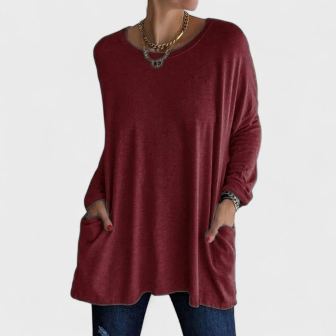Effortless Oversized Tunic for Women with Crew Neck Long Sleeve Side Pocket Relaxed Style