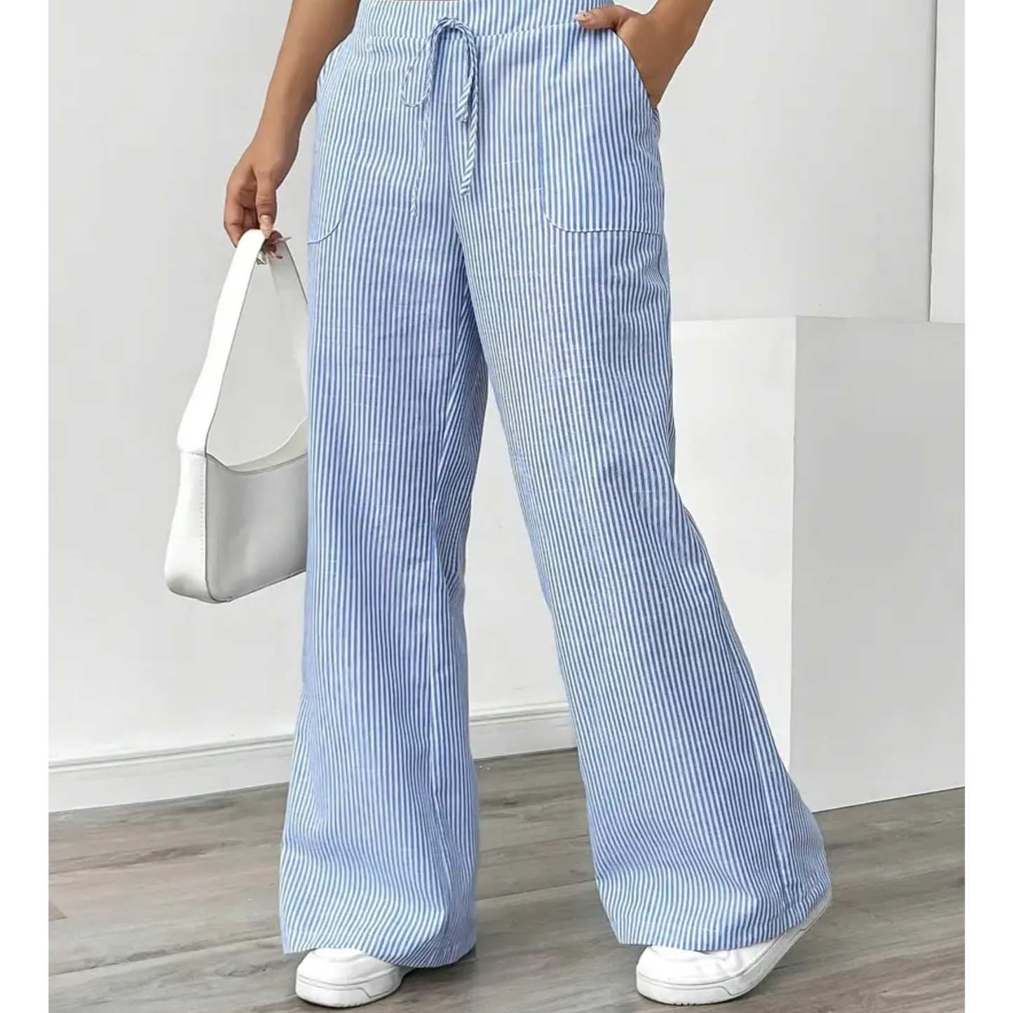 Effortless Striped Wide Leg Pants for Women with High Waist Drawstring Relaxed Casual Style