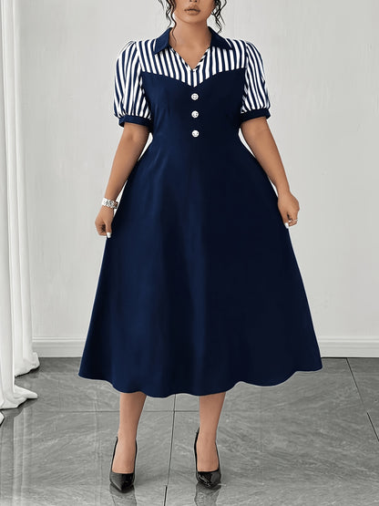 Plus Size Navy Striped Shirt Dress Retro Puff Sleeve V-Neck Midi Dress Women'S Elegant Commute A-Line Skirt