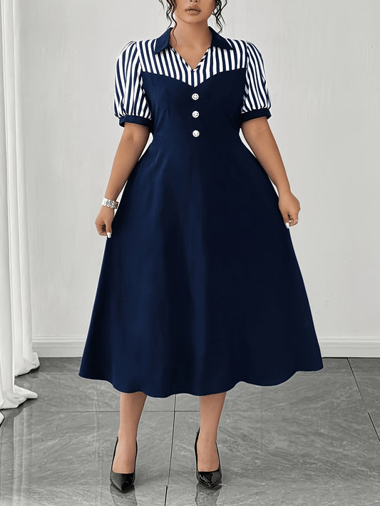 Plus Size Navy Striped Shirt Dress Retro Puff Sleeve V-Neck Midi Dress Women'S Elegant Commute A-Line Skirt