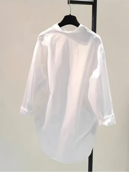 Effortless Cotton Blouse for Women with Point Collar Long Sleeve High Low Oversized Style