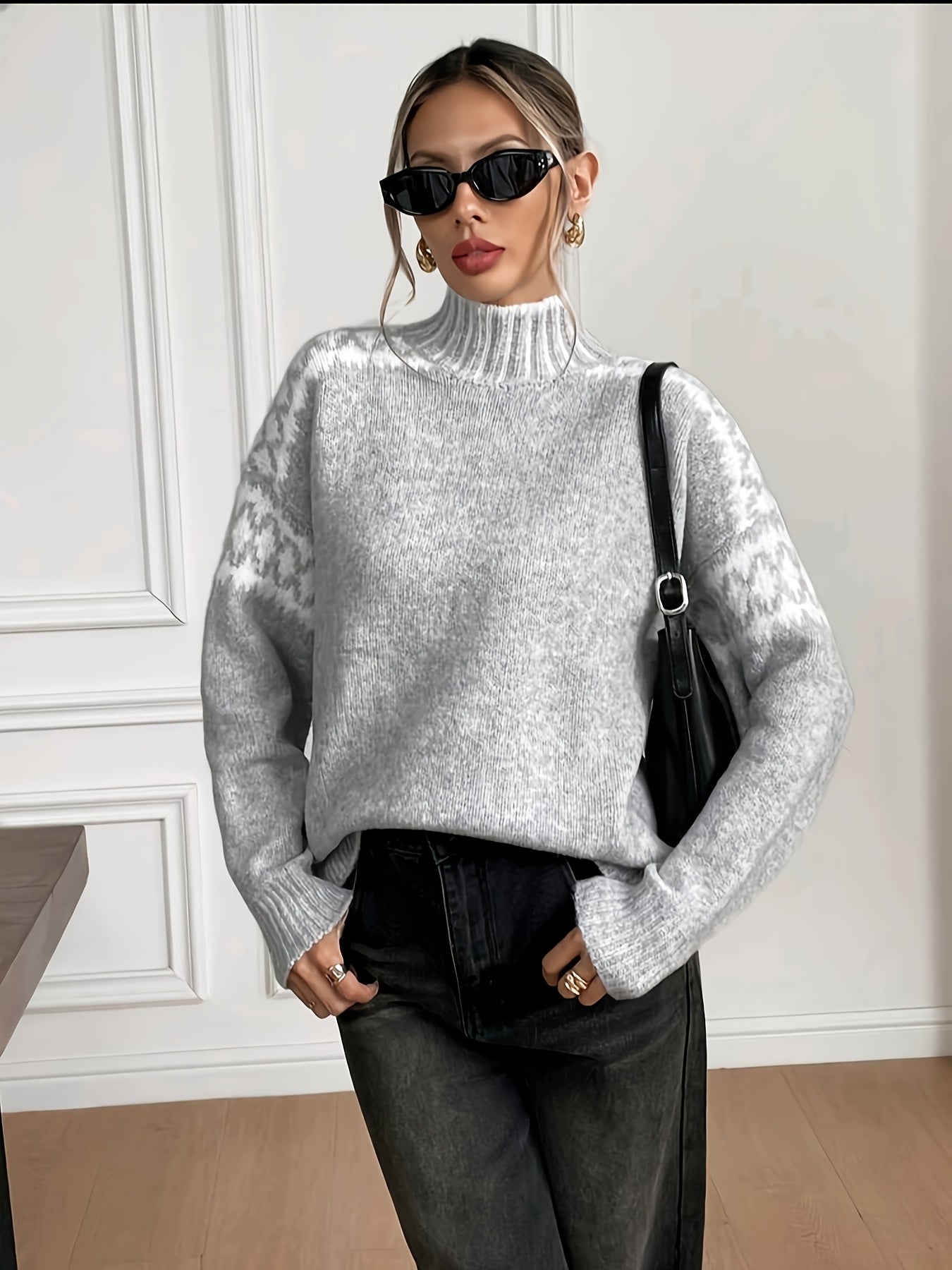 Comfortable Grey Marled Sweater for Women with High Neck Long Sleeve Relaxed Oversized Knit Style