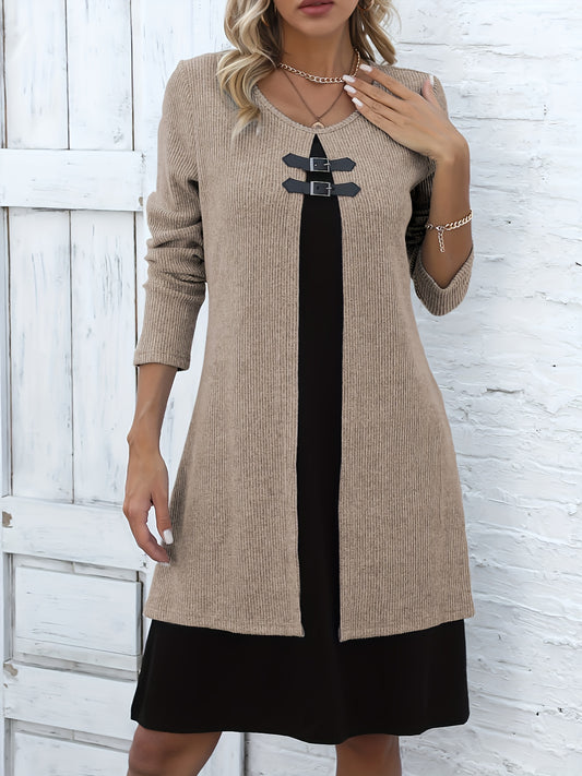 Comfortable Ribbed Knit Sweater Dress for Women with Round Neck Long Sleeve Buckle Detail Layered Style