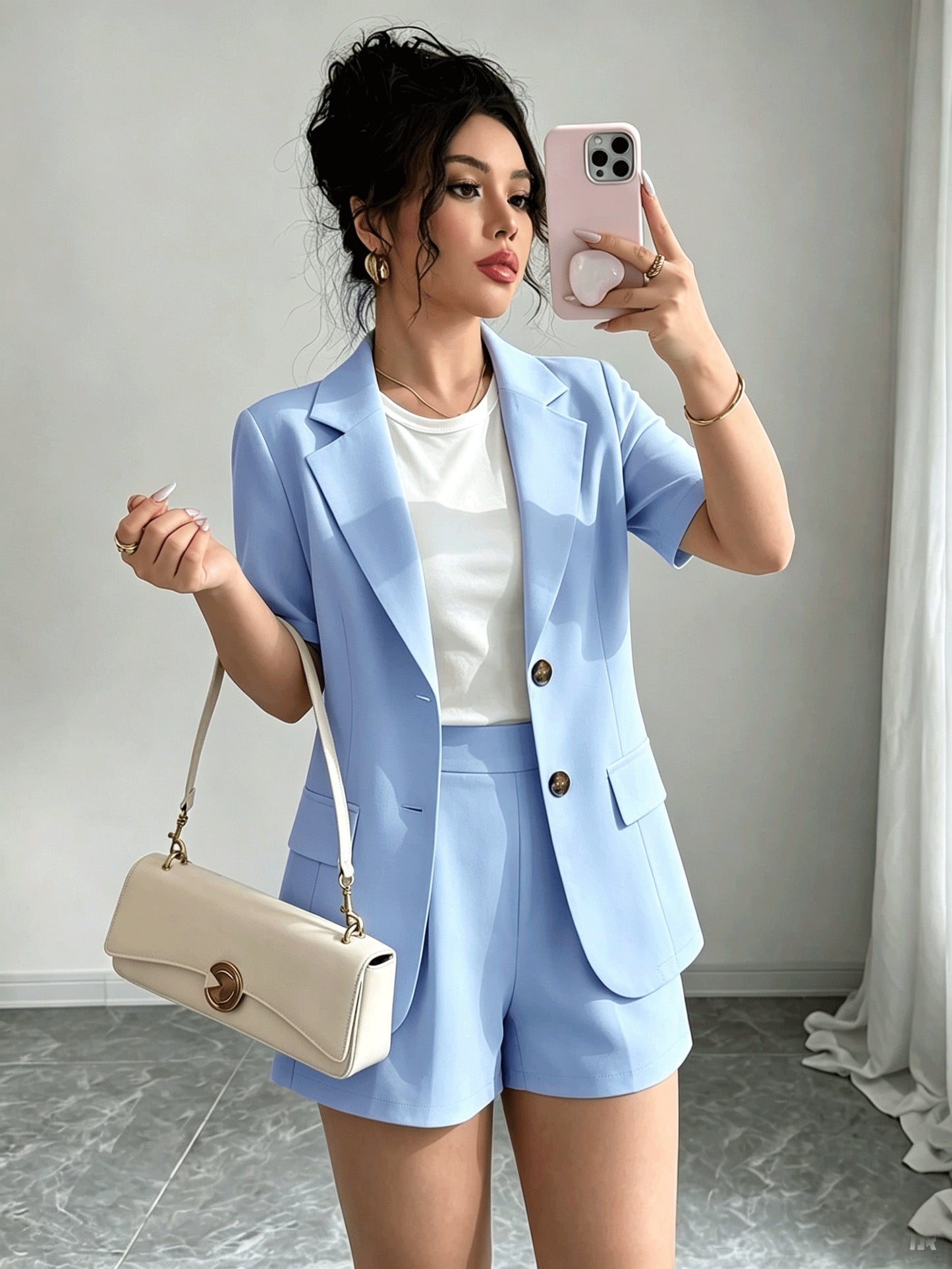 Effortless Blazer Shorts Set for Women with Lapel Collar Short Sleeve Button Front Two Piece Style