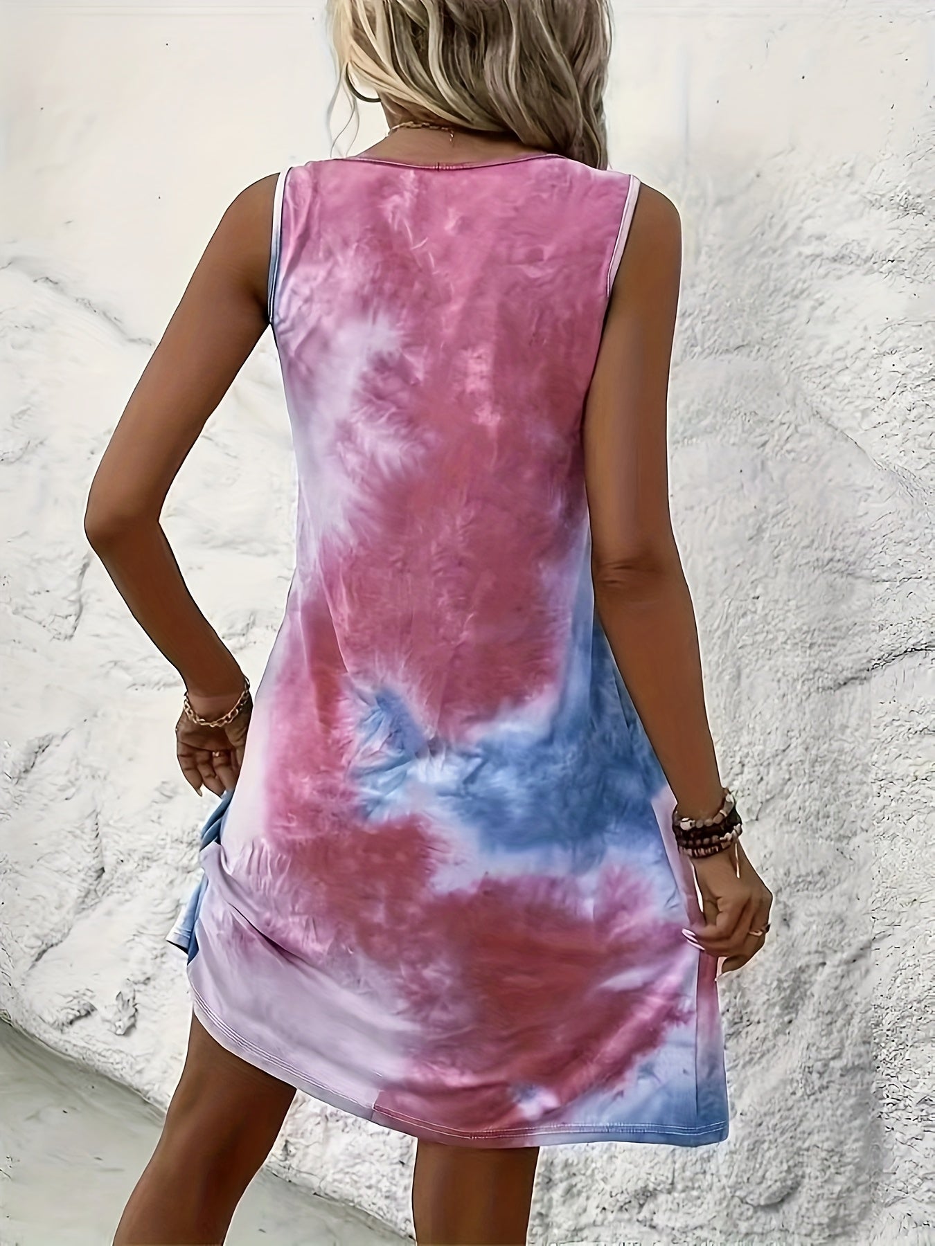 Effortless Tie Dye Mini Dress for Women with Scoop Neck Sleeveless Pleated Front Bohemian Style