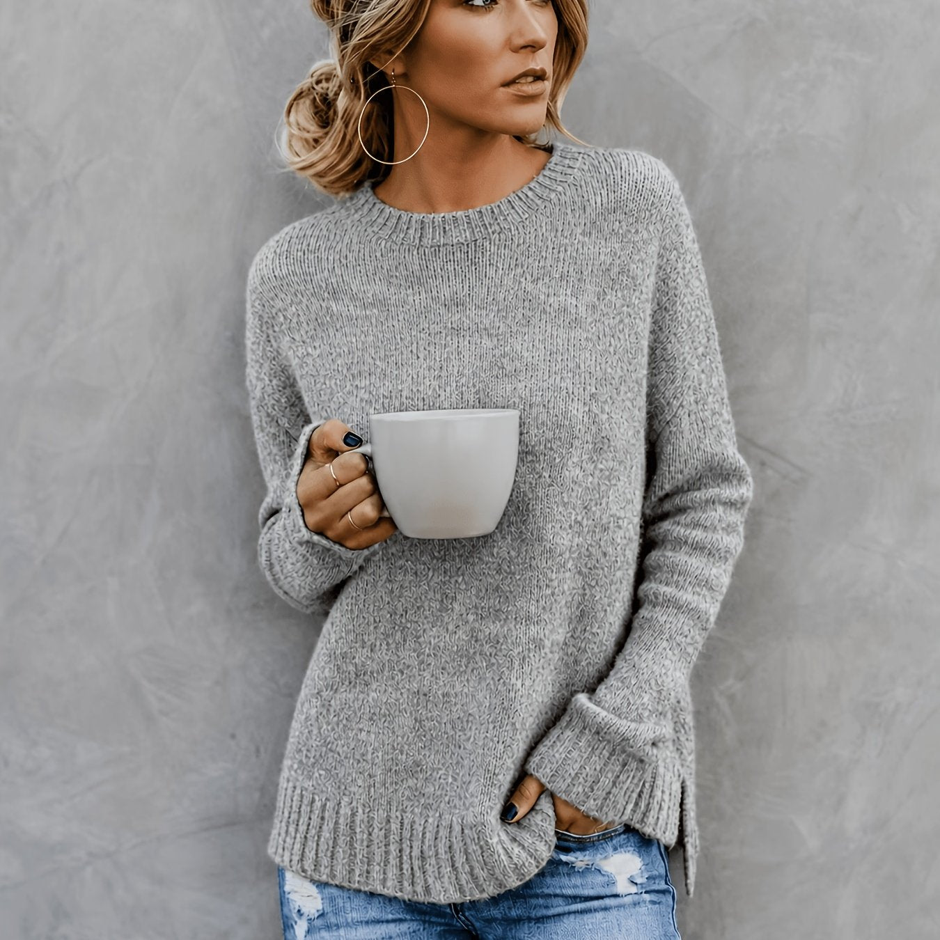 Comfortable Heathered Knit Sweater for Women with Crew Neck Long Sleeve Bell Cuff Oversized Relaxed Style