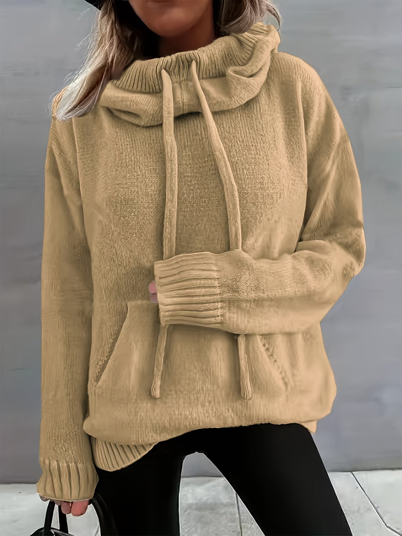 Comfortable Knit Sweater for Women with Cowl Neck Long Sleeve Drawstring Oversized Style