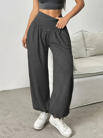 1pc Women'S High-Waist Comfortable Running Pants - Stretchy Soft Wide-Leg Casual Trousers, Suitable for Running And Fitness, Solid Color, All-Season