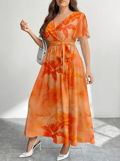 Plus Size - Plus Size - Plus Size Women'S Summer Printed Round Neck Short Sleeve Raglan Long Dress, Christmas Women'S Long Set