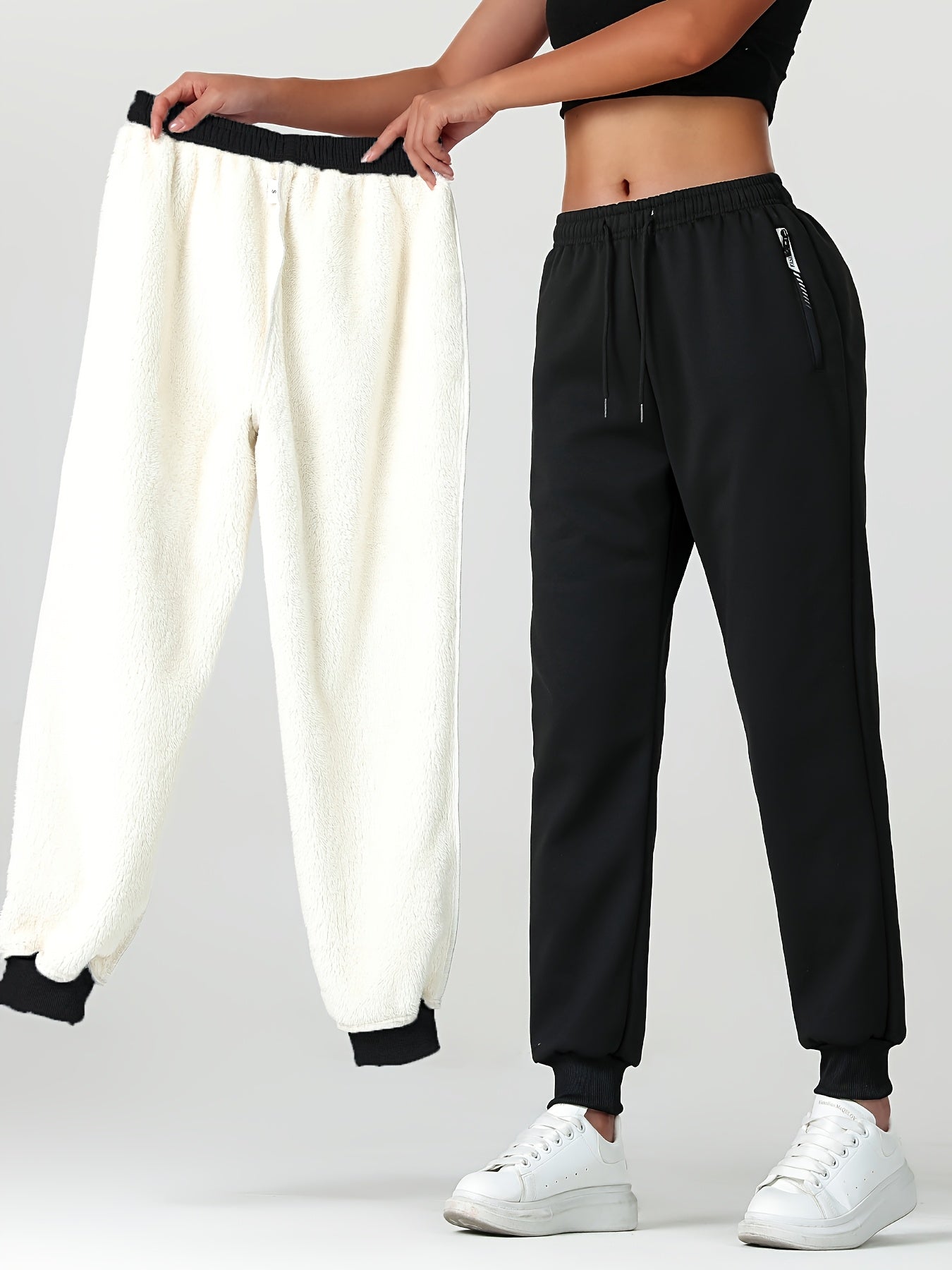 1pc of Autumn/winter Women's Long Pants, -lined Warm Casual Sweatpants for Women, Featuring an Elastic Drawstring Waist, Angled High Quality Zippered Pockets, and Windproof Thermal Cuffed Pants, Suitable for Daily Winter Wear at Home