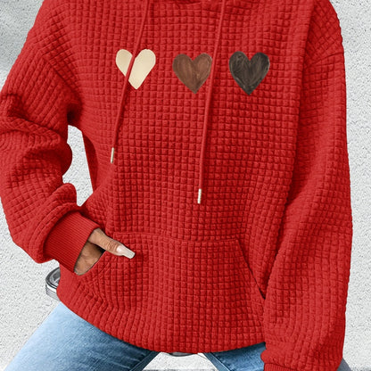 Comfortable Heart Print Waffle Knit Hoodie for Women with Hooded Long Sleeve Kangaroo Pocket Oversized Style