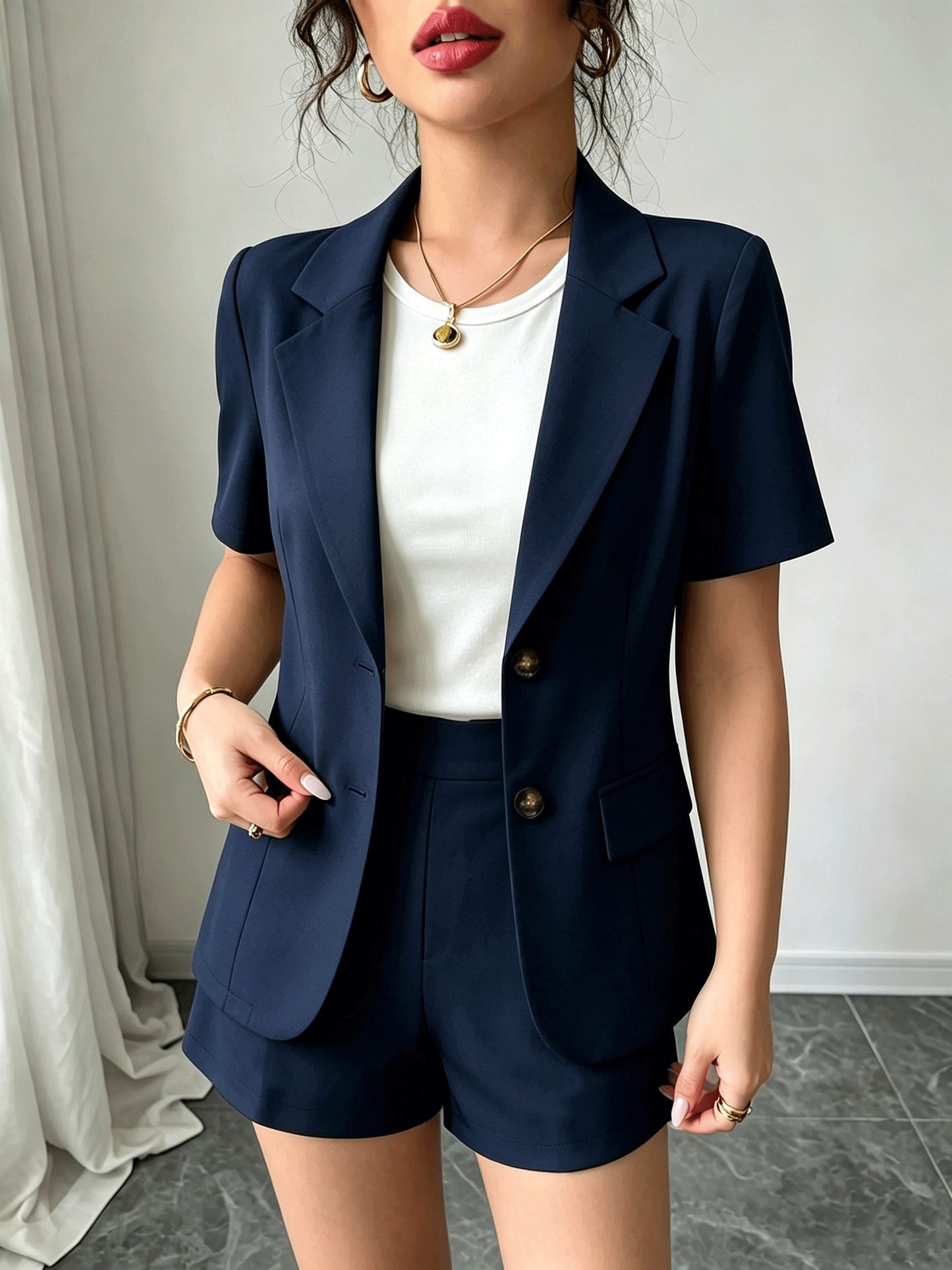 Effortless Blazer Shorts Set for Women with Lapel Collar Short Sleeve Button Front Two Piece Style
