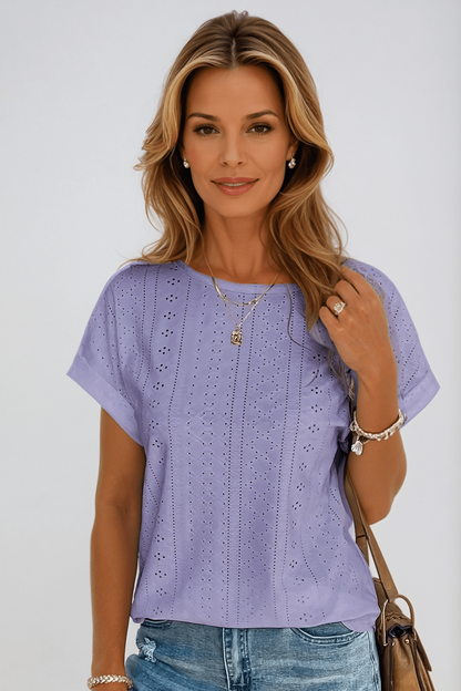 Effortless Eyelet Blouse for Women with Crew Neck Cuffed Short Sleeve Relaxed Casual Style