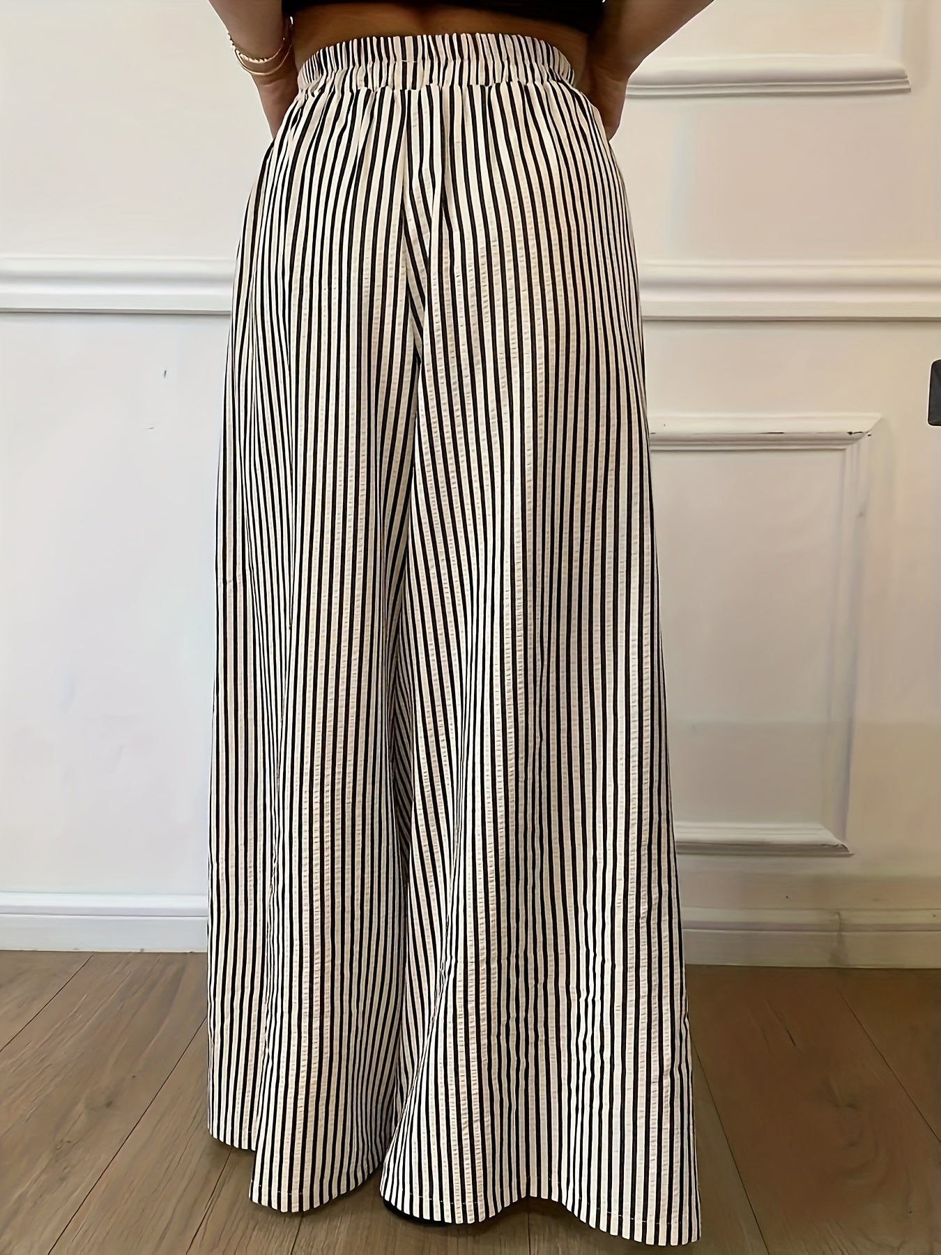 Effortless Apricot Striped Wide Leg Pants for Women with High Waist Elastic Waistband Flowing Relaxed Style
