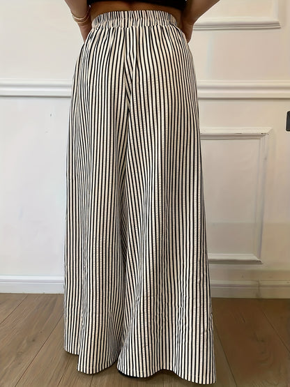 Effortless Apricot Striped Wide Leg Pants for Women with High Waist Elastic Waistband Flowing Relaxed Style