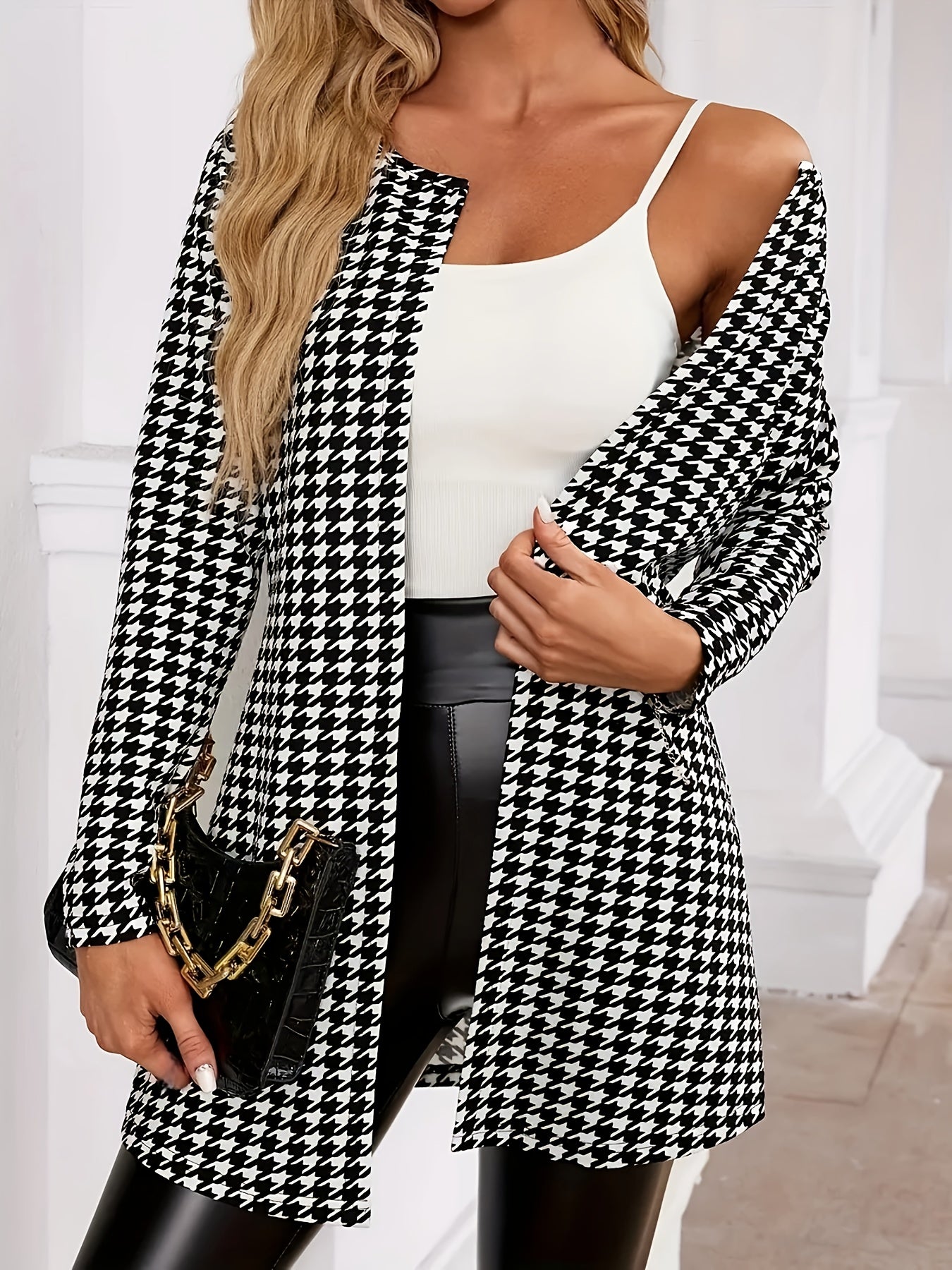 Elegant Houndstooth Cardigan for Women with Open Front Long Sleeve Longline Knit Style