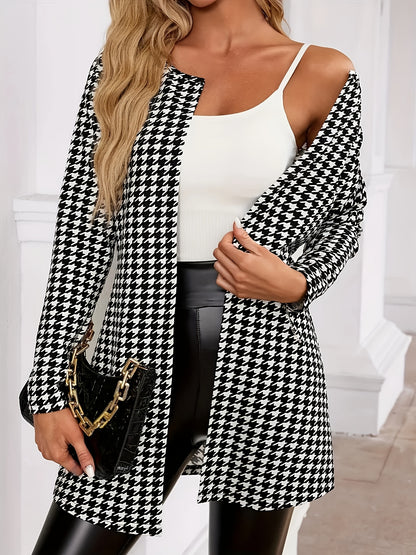 Elegant Houndstooth Cardigan for Women with Open Front Long Sleeve Longline Knit Style