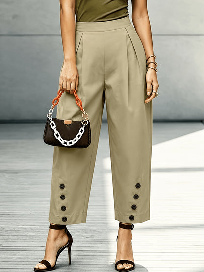Effortless Khaki Wide Leg Pants for Women with High Waist Pleated Button Trim Tapered Style