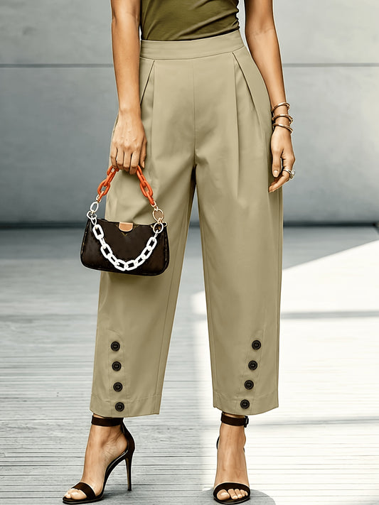 Effortless Khaki Wide Leg Pants for Women with High Waist Pleated Button Trim Tapered Style