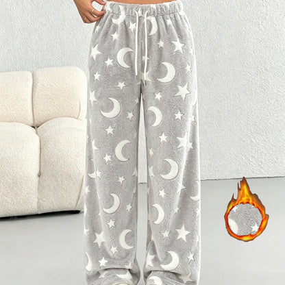 Women'S Autumn Winter Fleece Thickened Star Pattern Belt Drawstring Wide-Leg Long Pants Suitable for Outdoor Indoor Casual Plush Trousers Pants