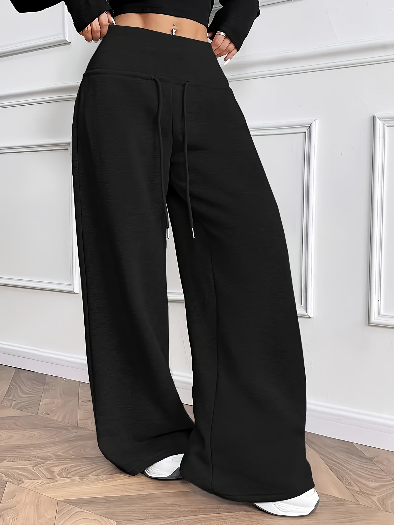 Women'S Fall Winter Solid Color Fleece Wide Leg Pants Elastic Drawstring Loose Trousers