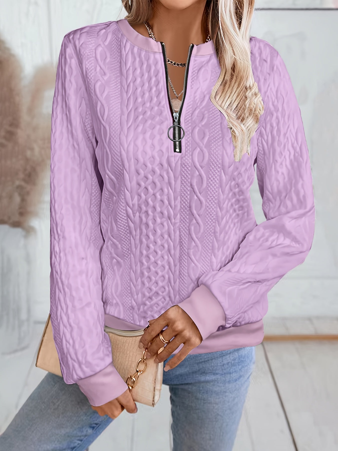 Other Mountain Sq060661 Fashionable Elegant Fall Winter New Solid Texture Fabric Baseball Neck Zip-Up Women'S Long Sleeve Sweatshirt