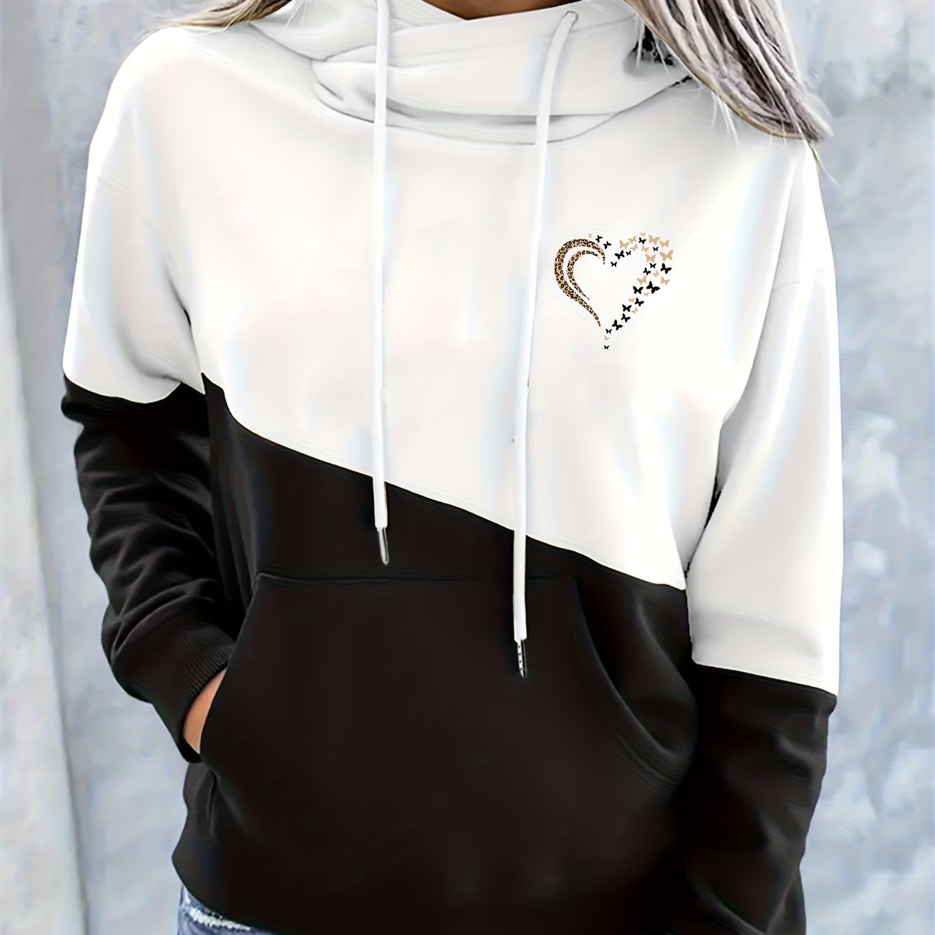 Comfortable Colorblock Graphic Hoodie for Women with Cowl Neck Long Sleeve Kangaroo Pocket Relaxed Style