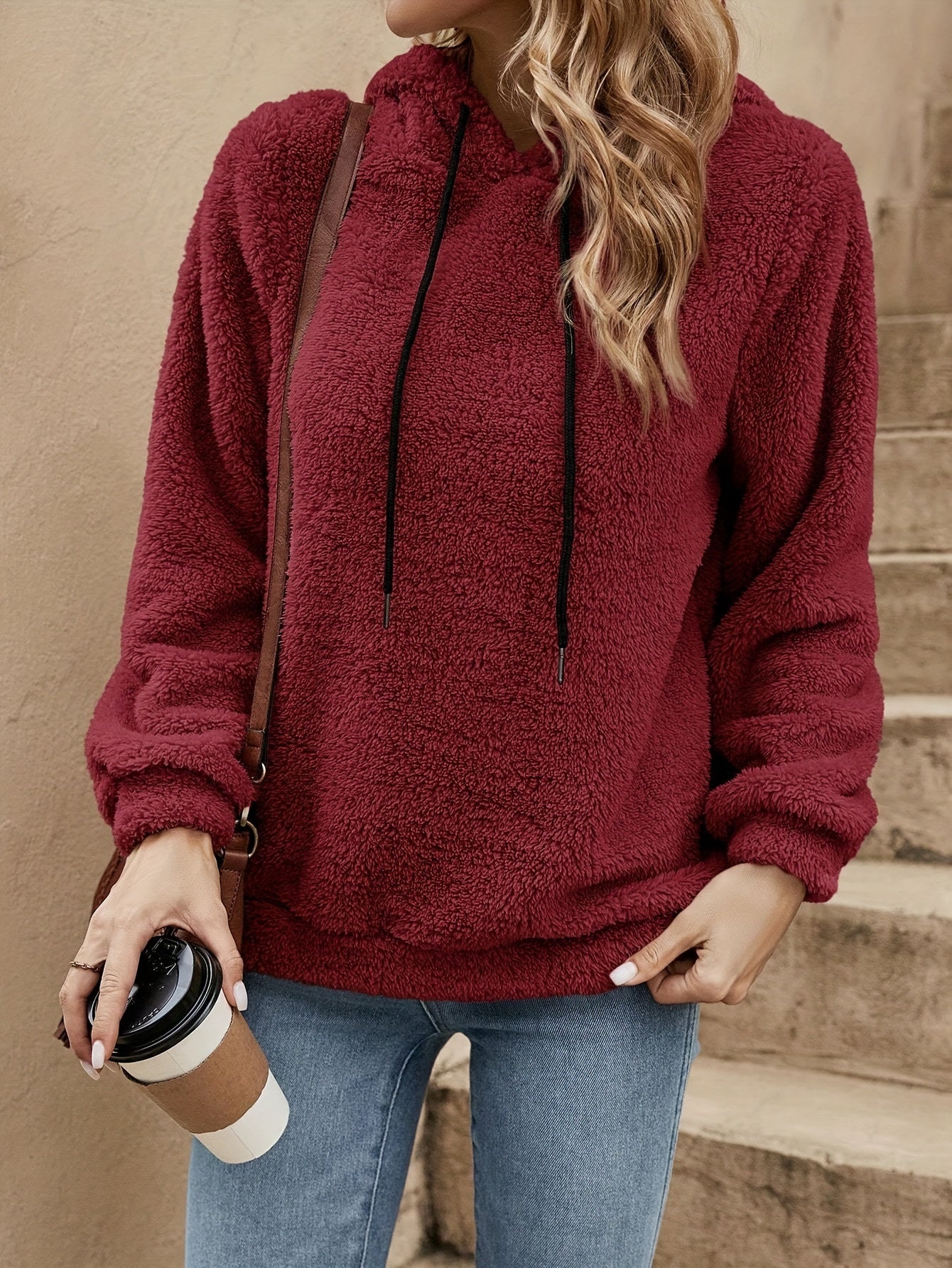 Comfortable Sherpa Fleece Hoodie for Women with Drawstring Hood Long Sleeve Relaxed Oversized Knit Style