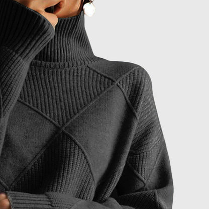 Comfortable Argyle Knit Sweater for Women with Turtleneck Long Sleeve Relaxed Oversized Style