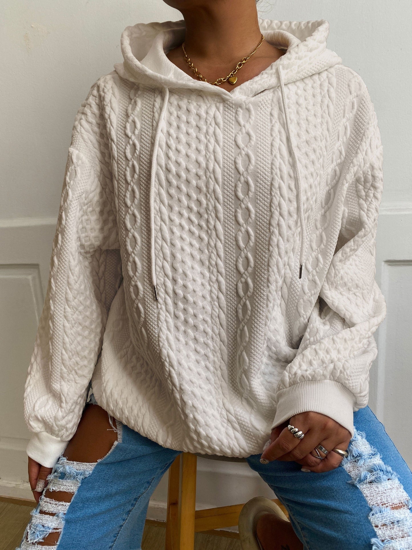 Comfortable Cable Knit Hoodie for Women with Drawstring Hood Long Sleeve Relaxed Oversized Style