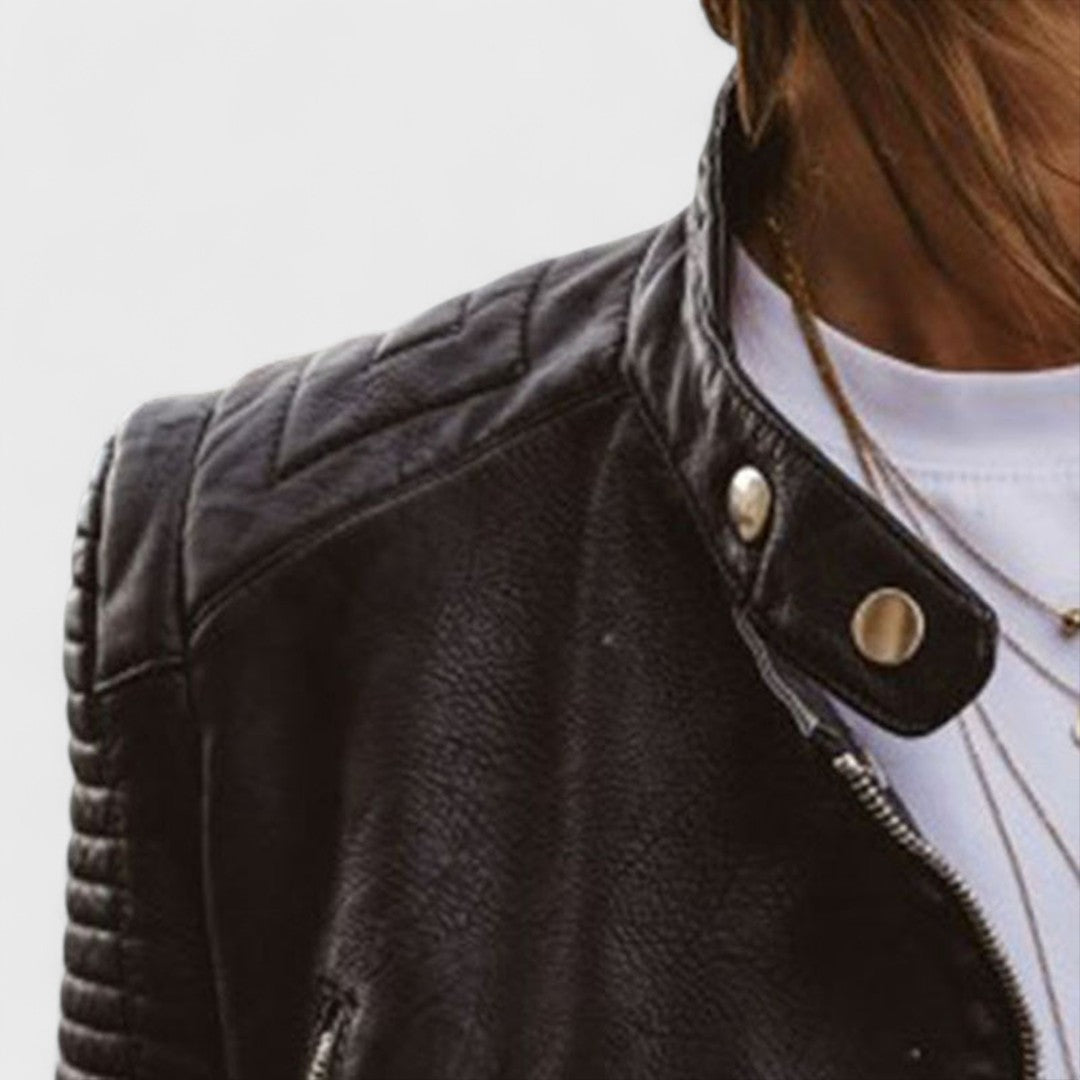 Elegant Black Leather Jacket for Women with Stand Collar Long Sleeve Quilted Moto Style