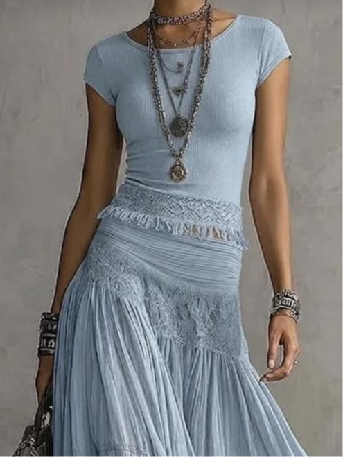 Effortless Blue Lace Two Piece Set for Women with Crop Top Tiered Maxi Skirt Bohemian Style