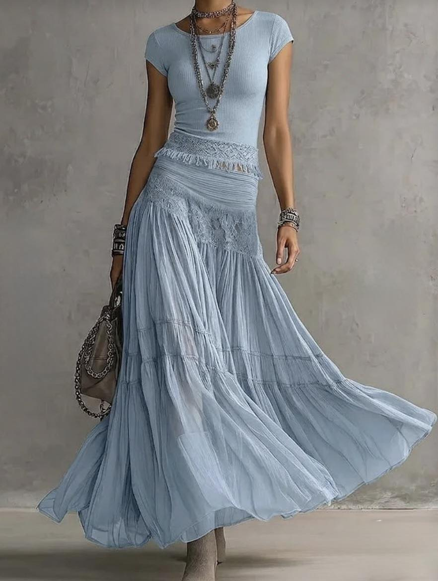 Effortless Blue Lace Two Piece Set for Women with Crop Top Tiered Maxi Skirt Bohemian Style