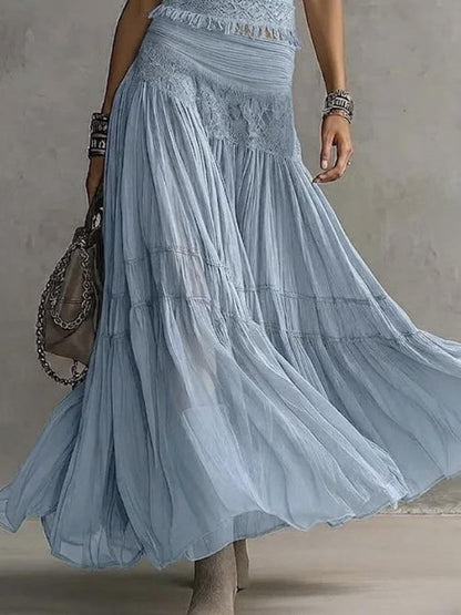 Effortless Blue Lace Two Piece Set for Women with Crop Top Tiered Maxi Skirt Bohemian Style