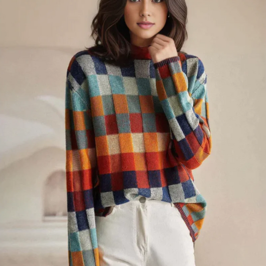 Comfortable Multicolor Checkered Sweater for Women with Mock Neck Long Sleeve Oversized Knit Style