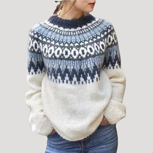 Comfortable Fair Isle Print Sweater for Women with Crew Neck Long Sleeve Relaxed Oversized Knit Style