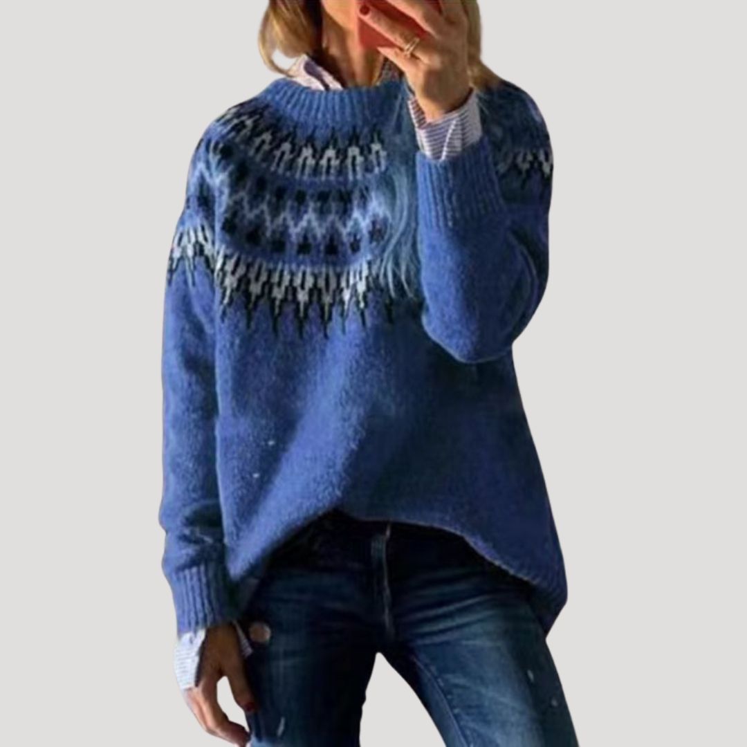 Comfortable Fair Isle Print Sweater for Women with Crew Neck Long Sleeve Relaxed Oversized Knit Style