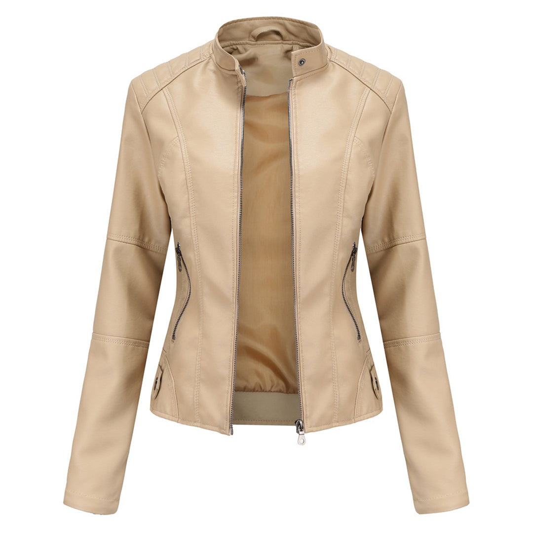 Stylish Faux Leather Moto Jacket for Women with Stand Collar Long Sleeve Cropped Fitted Casual Style
