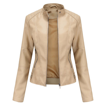 Stylish Faux Leather Moto Jacket for Women with Stand Collar Long Sleeve Cropped Fitted Casual Style