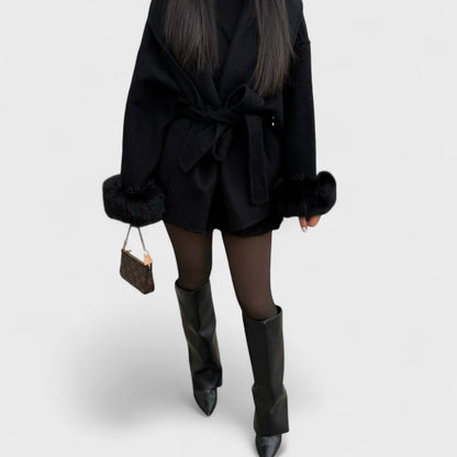 Elegant Wool Coat for Women with Shawl Collar Long Sleeve Belted Fur Cuff Style