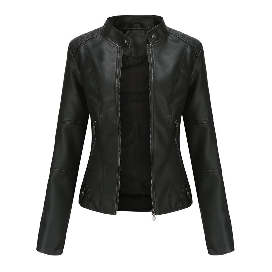 Stylish Faux Leather Moto Jacket for Women with Stand Collar Long Sleeve Cropped Fitted Casual Style