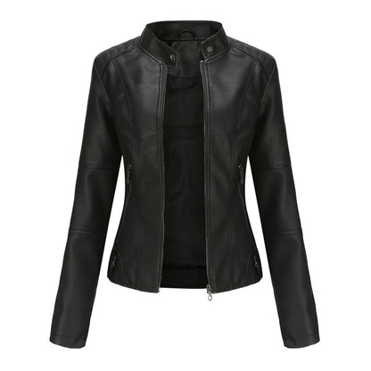 Stylish Faux Leather Moto Jacket for Women with Stand Collar Long Sleeve Cropped Fitted Casual Style