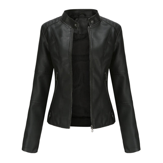 Stylish Faux Leather Moto Jacket for Women with Stand Collar Long Sleeve Cropped Fitted Casual Style