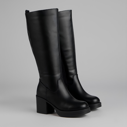 Elegant Knee High Boots for Women with Round Toe Side Zip Block Heel Leather Look Style