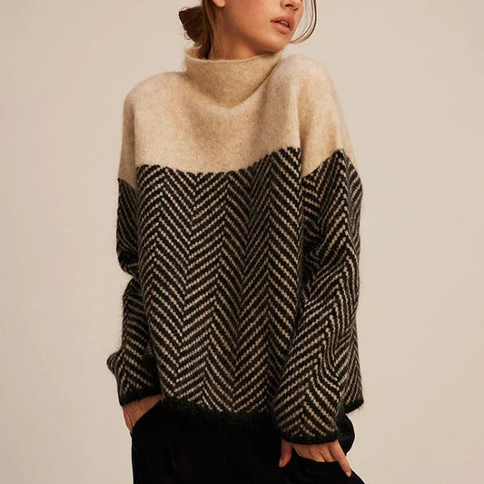 Comfortable Herringbone Colorblock Sweater for Women with Turtleneck Long Sleeve Oversized Knit Style